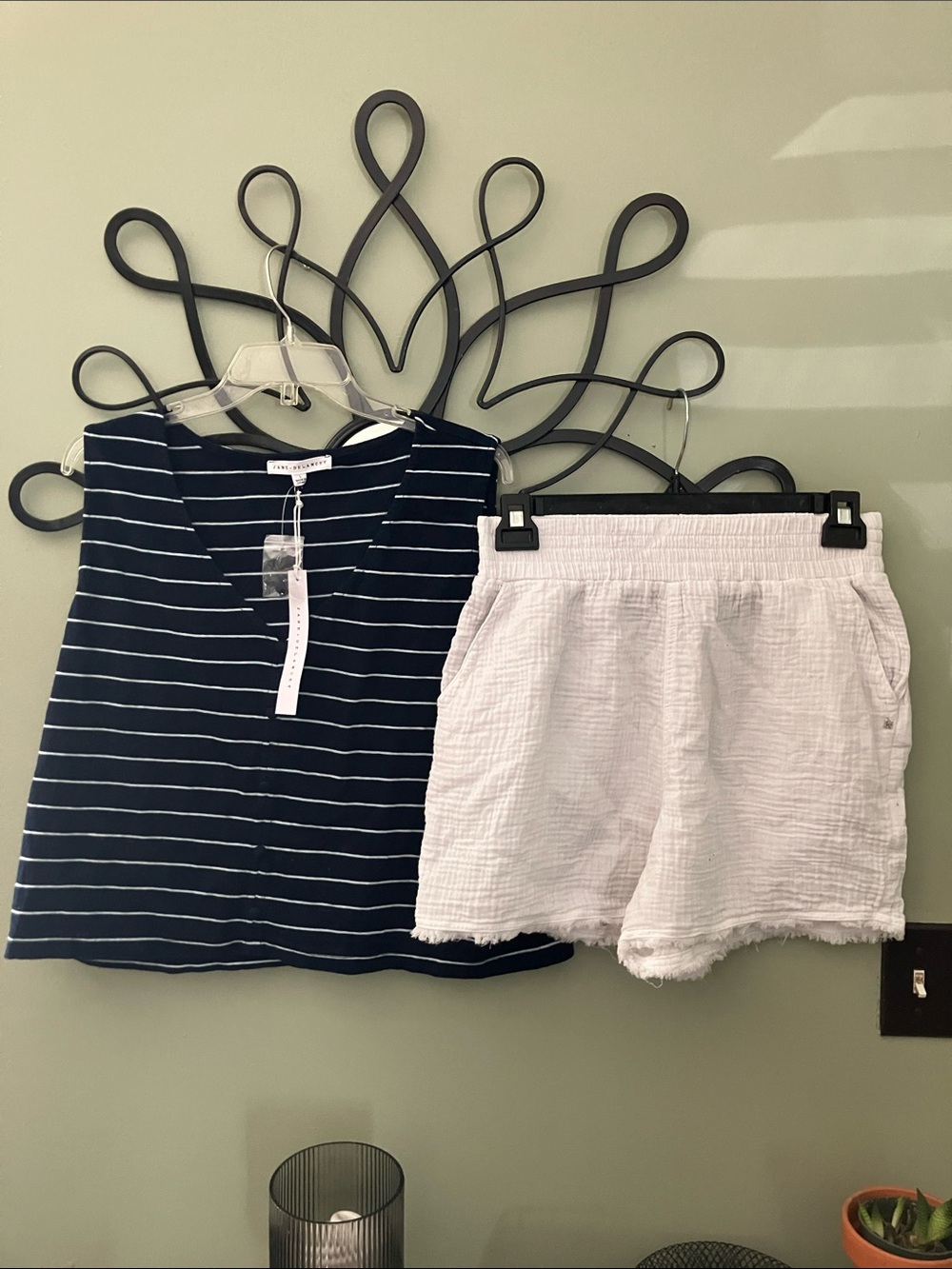 DKNY Navy Striped Tank Top with White Crinkle Shorts